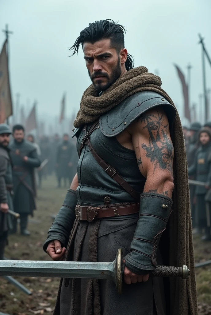 A warrior. He has intense black eyes and short black hair cut in a mullet style. He wears Leather Armor that is not covered on his left arm.,In your right hand, He holds a long sword. His left arm is covered in cuts.