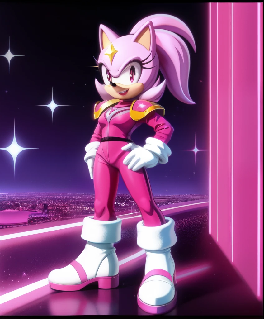 Mobian, Sonic OC, Stella Hotstar the female hedgehog, grey ponytail hair, pink lipstick, pink eyes with sparkles, magenta suit with shoulder pads, white boots, 1980’s retrowave in the background