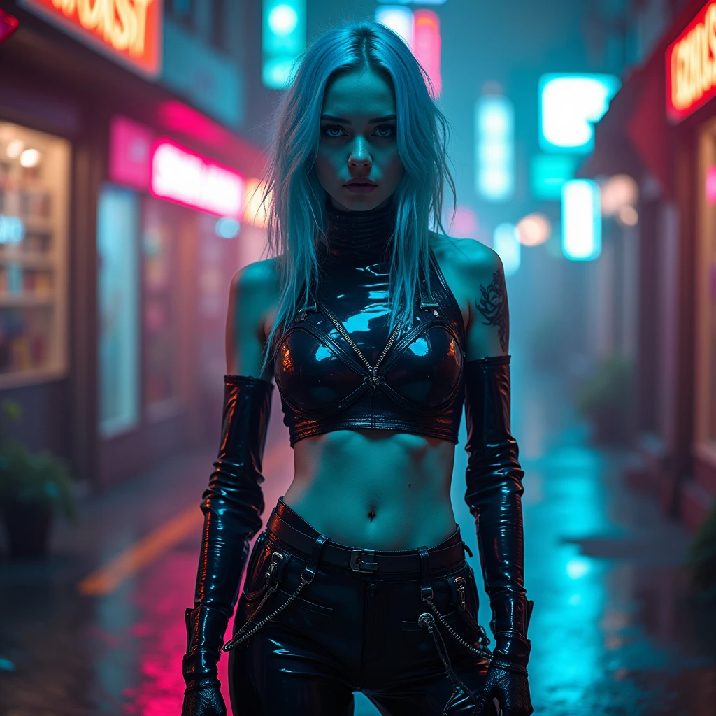 girl beautiful face blue eyes matte chromatic full color latex latex mutant waitress robot zombie radical, frontal, belly thin waist, big breast, big ass, muscular thigh, white punk metal, sharp clear 8k background , alta definition, sharp details