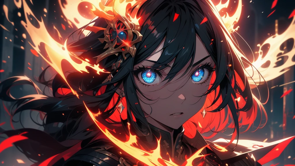 masterpiece, 1girl,, spell, mage, Dark Elf, scary, glow, particles, shining brightly eyes, stunning, spectral, snow, gorgeous, perfect face, expressive eyes, cute,Very beautiful big breasts,tatuados,8k,resolution,masterpiece,Highest quality,Intricate details,Very detailed,Clear focus,Wavy Hair、Red Flame Effect、Black Hair、headphone、shout out loud、Full of anger、Entrance to Hell
