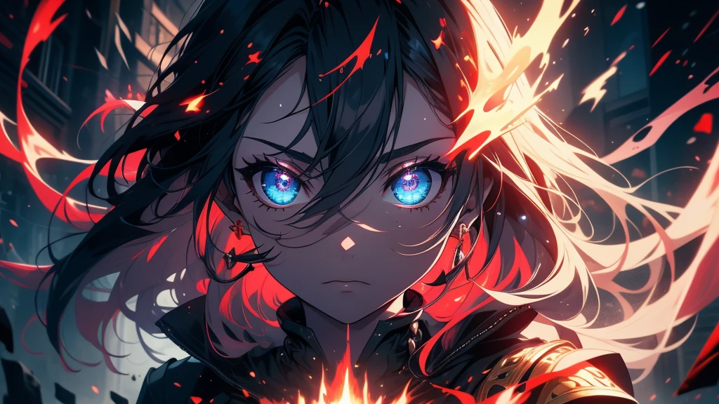 masterpiece, 1girl,, spell, mage, Dark Elf, scary, glow, particles, shining brightly eyes, stunning, spectral, snow, gorgeous, perfect face, expressive eyes, cute,Very beautiful big breasts,tatuados,8k,resolution,masterpiece,Highest quality,Intricate details,Very detailed,Clear focus,Wavy Hair、Red Flame Effect、Black Hair、headphone、shout out loud、Full of anger、Entrance to Hell