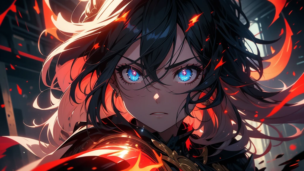 masterpiece, 1girl,, spell, mage, Dark Elf, scary, glow, particles, shining brightly eyes, stunning, spectral, snow, gorgeous, perfect face, expressive eyes, cute,Very beautiful big breasts,tatuados,8k,resolution,masterpiece,Highest quality,Intricate details,Very detailed,Clear focus,Wavy Hair、Red Flame Effect、Black Hair、headphone、shout out loud、Full of anger、Entrance to Hell