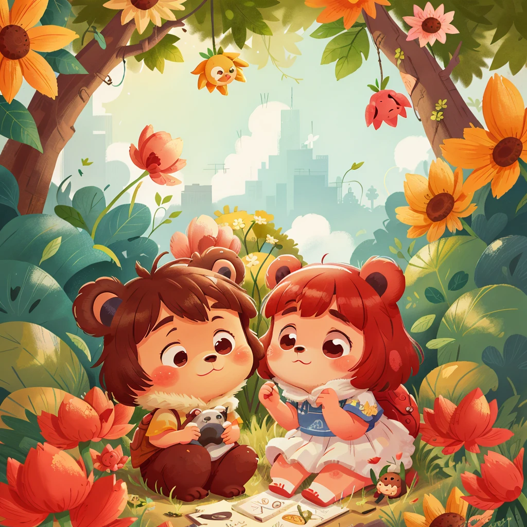 Poster design, (SFW), a little, Bear, com olhar triste, talking to a friend, perfect quality, Focus Clear, fullcolor, face perfect, details Intricate, angle of view ultra-low, wide angle lens