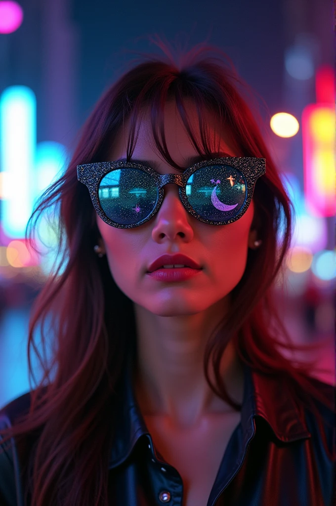 The model is wearing glass sunglasses with stars and the moon on the glass