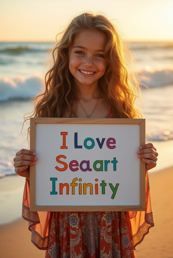 Beautiful girl with wavy long hair, bohemian dress, holding a white board with text "I Love Seaart Infinity" and showing it to the viewer