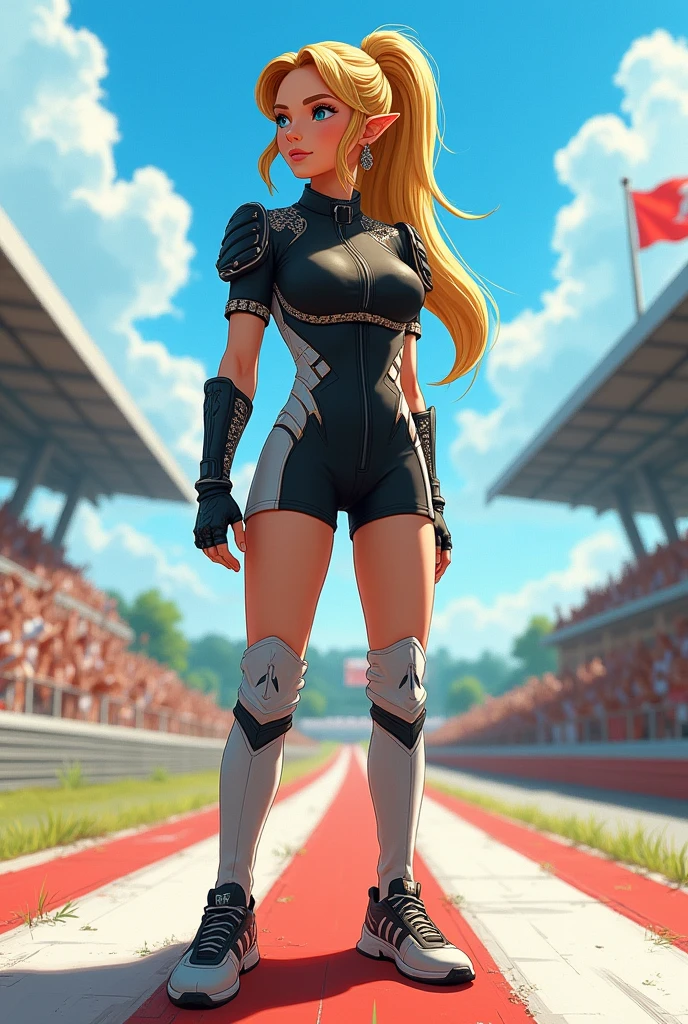 Fullbody princess Zelda in a onepiece short black white sport Racing Outfit white a Ponytail and overkness shoes