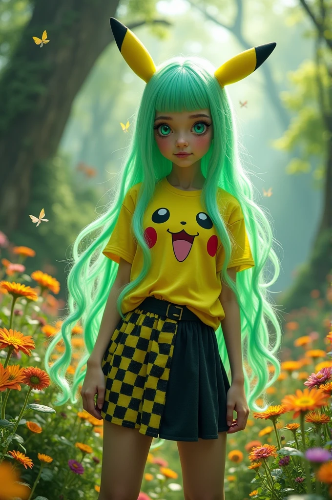 Slime girl wearing a Pikachu shirt and a skirt that's half black and half chess pattern