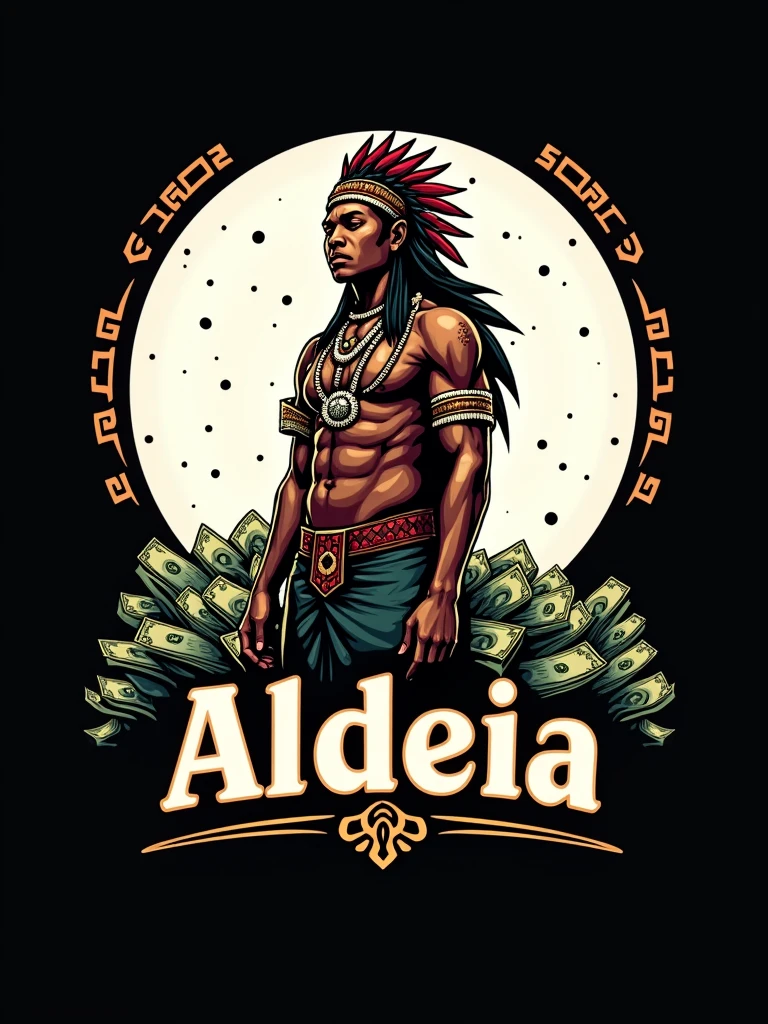 Create a FiveM gang logo with the name Aldeia on a black background and a white circle full of money behind an indigenous person holding a trophy