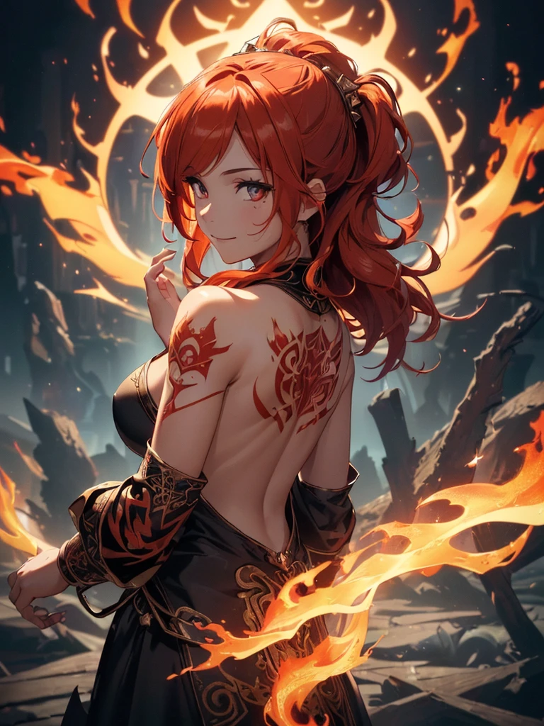 (((best quality, sharp image, clear image, cinematic lighting, 8k resolution, masterpiece, ultra detailed, intricate))) Girl, (((looking over left shoulder))), (shot from behind), fire mage, ((intricate background)), ((chaotic background)), red hair, smiling, ((flame runes, flame sigils)), (tatoo on back), slime figure, flying sigils