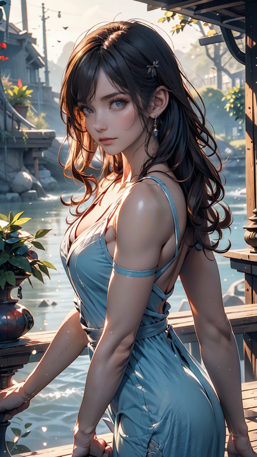 (Sharp focus:1.2), photograph, Attractive Young Woman, (Beautiful Face:1.1), Detailed eyes, Seductive lips, (Smokey Eye Makeup:0.85), (Medium chest:1.0), (An athletic body:1.2), (Wavy Hair:1.2), wear (Maxi Dresses:1.2) To (Cliff Side:1.2). (Moody lighting:1.2), Depth of written boundary, Bokeh, 4K, High resolution. Toよる (James C. Christensen:1.2|Jeremy Lipking:1.1).
