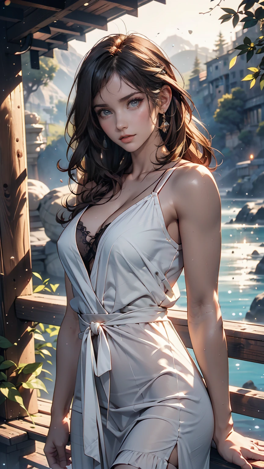 (Sharp focus:1.2), photograph, Attractive Young Woman, (Beautiful Face:1.1), Detailed eyes, Seductive lips, (Smokey Eye Makeup:0.85), (Medium chest:1.0), (An athletic body:1.2), (Wavy Hair:1.2), wear (Maxi Dresses:1.2) To (Cliff Side:1.2). (Moody lighting:1.2), Depth of written boundary, Bokeh, 4K, High resolution. Toよる (James C. Christensen:1.2|Jeremy Lipking:1.1).