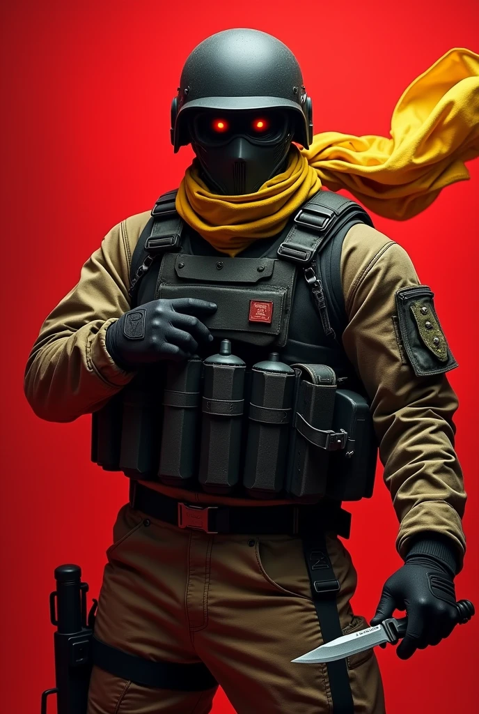Create an image of a counter terrorist from Counter Strike 2 Bravo holding a smoke grenade, with a red background holding a knife with a yellow scarf