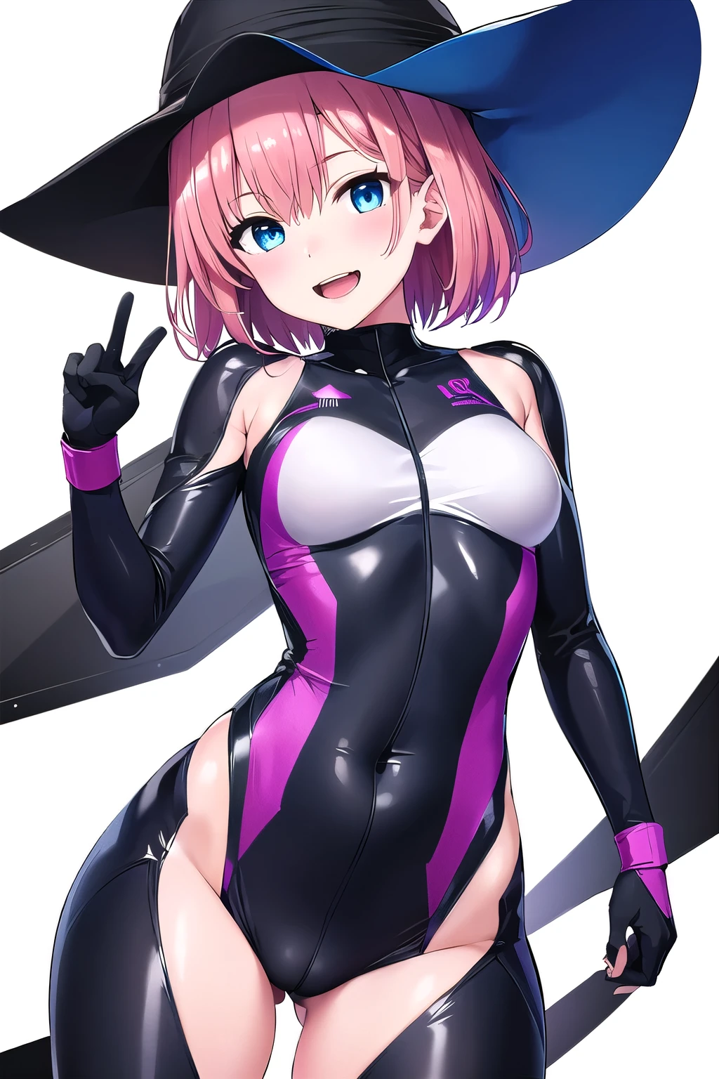 girl,boyish, very short hair, pink Hair, medium Breasts,Black glossy tight suit,Cowboy Shot,blush,sexy face,blue eyes,front leg pose,Tight fit,clearly,Striped pattern, (white background:1.3), (open mouth:1.2), (smile:1.3)