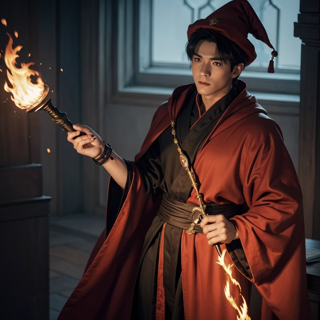 a muscular handsome wizard, extremely detailed face, perfect face, short hairstyle, looking at the viewer romantically, fiery red robe, black pants, ruby crystal wand in his hand, sexy look, wizard hat, smooth skin, doing fire magic,