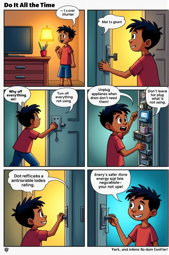 I want a comic referring to this Here is a quick description of the comic, Do it all the time:

A boy named Juan enters his room and sees the lights and the television on for no reason, dice "Why is everything on?". Then turn off the television and the lights while a sign that says "Turn off everything you're not using". after, unplug a charger from the wall and the text says "Unplug appliances when you don't need them". Later, cierra la puerta del refrigerador que había quedado abierta with the message "Don't leave the refrigerator open". Observe an overloaded outlet with wires and the text says "Avoid overloading outlets". Then unplug some appliances to reduce the load and the text says "It's safer to unplug what you're not using". Finally, Juan looks satisfied at his safer home with fewer appliances turned on, and smile when you see a lower electricity bill, with the message "Energy savings are also noticeable in your pocket!".