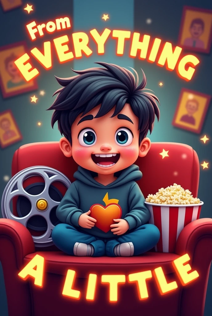 Create a mascot logo where the mascot is a boy watching movies with black hair wearing a sweatshirt and underneath has the letters "From EVERYTHING A LITTLE"