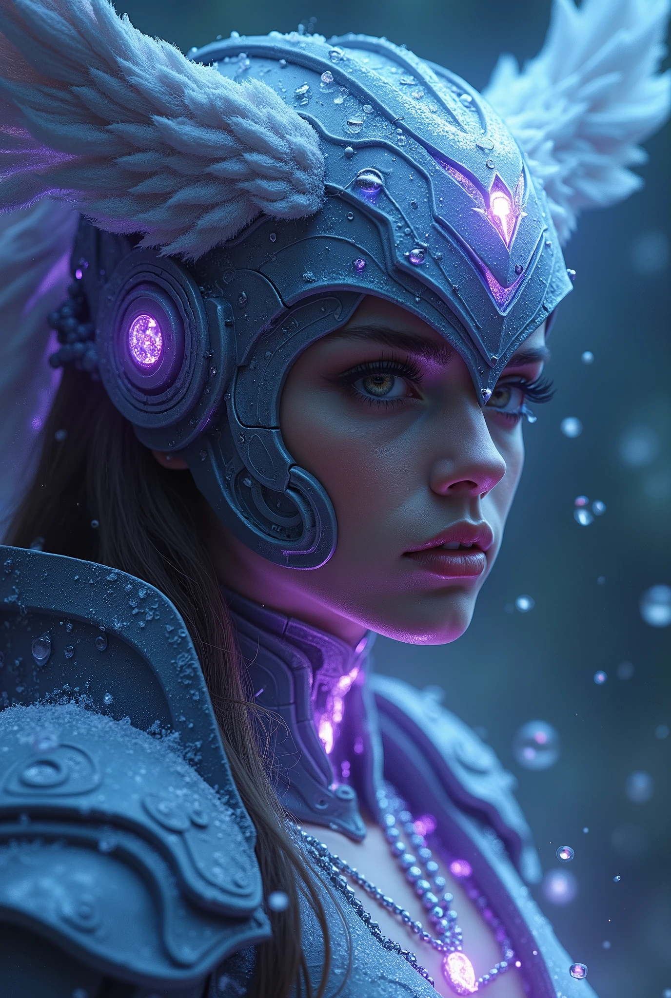 (absurd quality,16k,highres,masterpiece:1.2), ultra details,UHD,(photorealistic Realism 16K Quality), (ultra absurd quality, extremely detailed detail, hyper resolution, clear sharp focus, not blurry, Realistic brown_eyes:1.35), (perfect dark_eyeshadows),Depth of field, cinematic light, Lens flare, dslr, best high quality soft lighting, sharp focus captured by Fujifilm XT3, f 5.6, in a dramatic lighting, ((view the viewer:1.3)), (extremely beautiful face, beautiful lips, beautiful eyes), intricate detail face, ((ultra detailed skin)) 1girl, in the dark, deep shadow, Draw a masterpiece of art sexy goddess of holy winter, under the sign of the frosty phoenix. he is dressed in ancient biomechanics, an otherworldly exoskeleton, powered by the goddess's inner negative energy, an energy visible to the viewer. Ultra Instinct surrounded by Violet Aura and lightning full-body shot, 4k, 3D, rich colors, Draw moving icy, blue, black, natural ((living)) flames on the futuristic exoskeleton. This sexy outfit has (((many))) bold, sexy leaks that cause the water in the area to freeze rapidly. Draw ((((ice crystals)))) floating in the air and flying (((water bubbles ))). The cold blue and black((flames)) from the armor very quickly jumps to nearby (ice crystals) and jumps ((further)) and (((further))) trying to freeze the (water) droplets in the distance. Draw Bobino's companion flying the icy phoenix bird in a flood of icy terror.