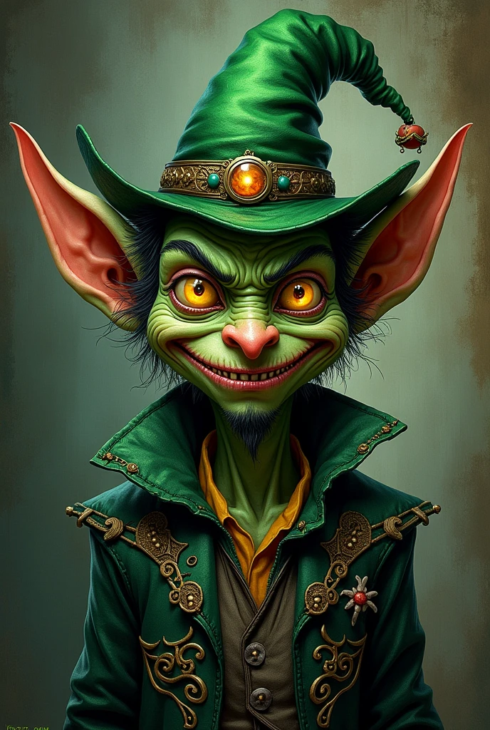 Evil goblin with a green hat in tattoo style make him look more like a drawing now make him look more like a person