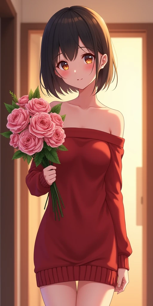 (best quality, ultra-detailed, photorealistic: 1.39), bright and vibrant colors, studio lighting, romantic expression, An effeminate girl, with a delicate and beautiful face. a beautiful girl with big breasts, wearing a red strapless sweater, long sleeve, short sweater dress, she holds a bouquet of beautiful flowers, she is in the hallway of the apartment in a beautiful pose showing her love, she is in love, anime style, Anime Bishoujo