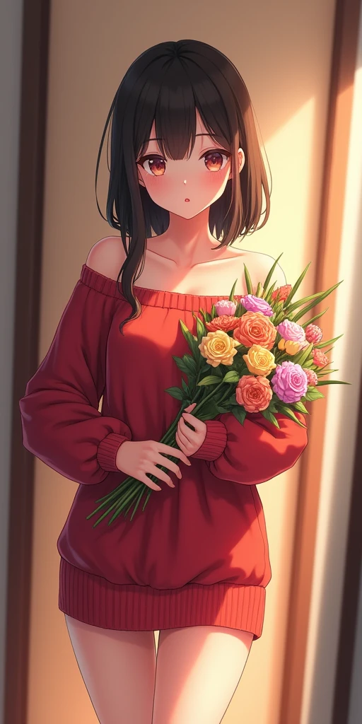 (best quality, ultra-detailed, photorealistic: 1.39), bright and vibrant colors, studio lighting, romantic expression, An effeminate girl, with a delicate and beautiful face. a beautiful girl with big breasts, wearing a red strapless sweater, long sleeve, short sweater dress, she holds a bouquet of beautiful flowers, she is in the hallway of the apartment in a beautiful pose showing her love, she is in love, anime style, Anime Bishoujo