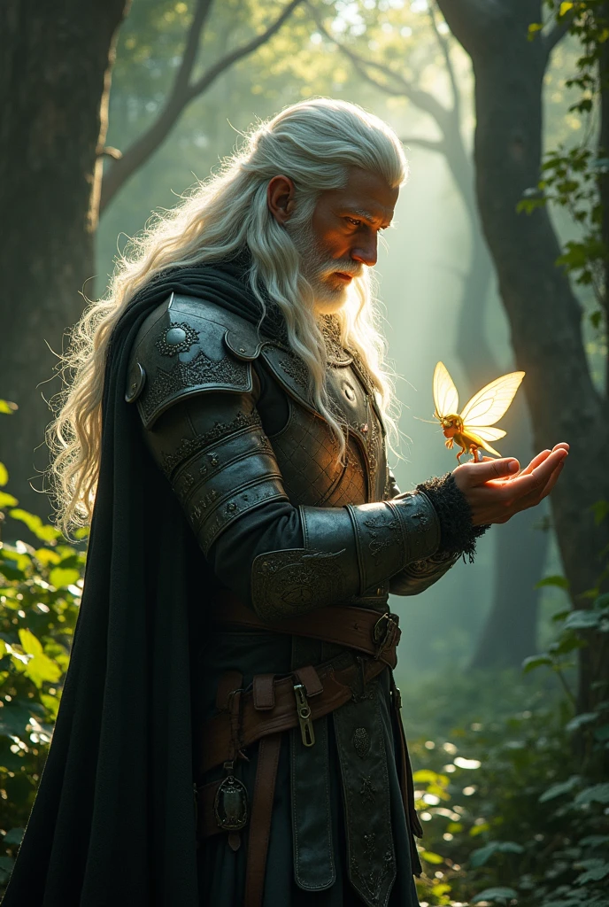 1 European man, half elf, with a Zelda-style fairy in their hands, intrikate, dark medieval leather armor with a cape, at a forest, White hair, Shag hair, detailed back ground, (work of art, high qualiy:1)