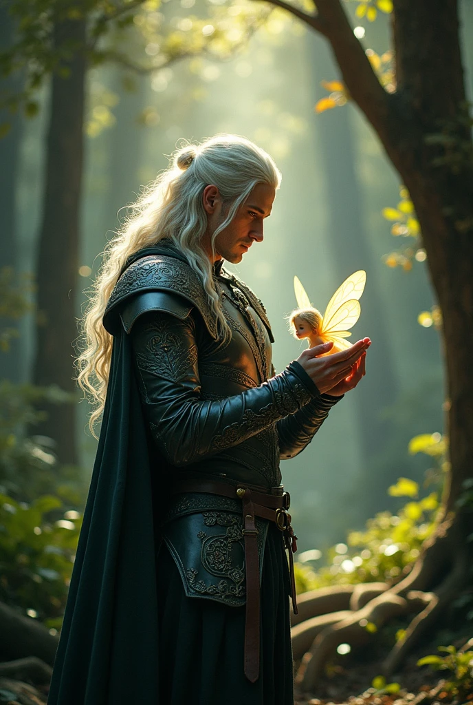1 European man, half elf, with a Zelda-style fairy in their hands, intrikate, dark medieval leather armor with a cape, at a forest, White hair, Shag hair, detailed back ground, (work of art, high qualiy:1)