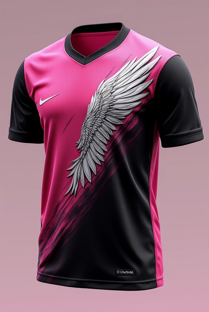 Football team jersey art without symbol, pink and black colors, with white gradient details, with an angel wing as a watermark 