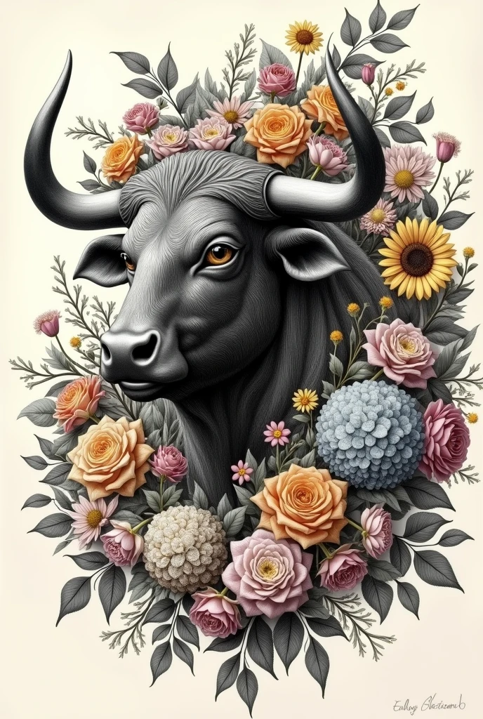Medieval engraved drawing style of a bull bust, the head surrounded by flowers composed of roses, gerberras, Hydrangeas and sunflowers and calla lilies
More dense with flowers