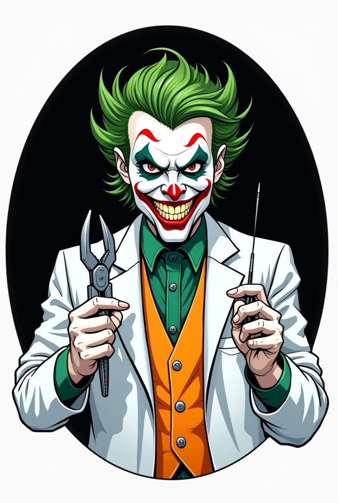 Create an image of the Joker represented as in the comics showing half of the body with a lab coat holding a pair of dental pliers in one hand and a needle in the other with a harmless appearance with no background behind inside a circle. 
