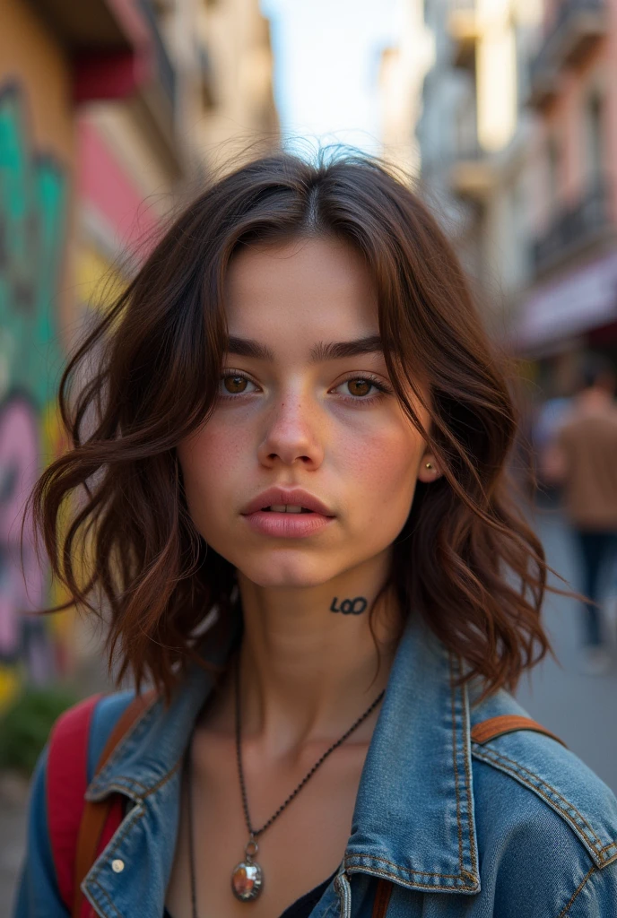 teenager with an eyebrow piercing, brown curly shoulder-length hair, fair skin and brown eyes