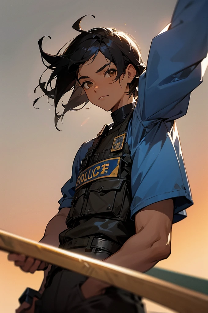 One, 1 man, black hair, Brown eyes, Police outfit, African American Skin Color, Town Background, Perfect Quality.
