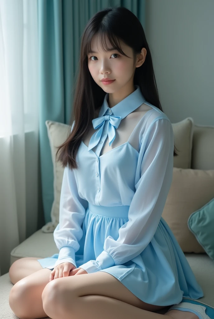Long shot profile portrait photo of a beautiful cute girl, (front shot from below:1.2), NSFW:1.2, black medium straight hair, Japanese junior idol, neat and clean face, 50mm portrait, peformimg on single stage lighting, Top: light blue sweet collar, front button closure, (see through:1.5), light blue solid skirt and Matching Bow Tie, blue and white shoe, sitting, （wide spread legs:1.2), ((panty shot:1.2)), ((white cotton panties:1.3),  (((shot focus on the crotch)), (Pantie's crotch cloth pressed hard against the dildo and inserted into the vagina),),