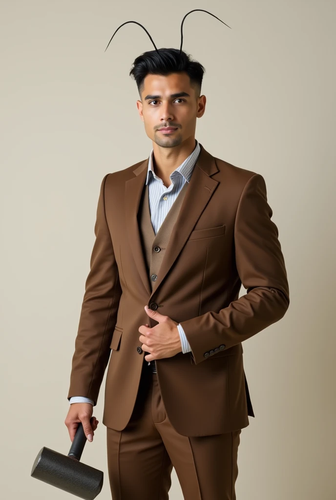 "Create a realistic full-body image of a professional-looking man in a standard brown suit and black shoes. He has black hair with a military cut and two subtle, geniculate ant-like antennae on his head. The antennae should have a long first segment and shorter segments forming an angle with it, but they should be discreet and not resemble insect features. The man should appear entirely human and sophisticated, holding a solid, robust hammer in one hand to represent the strength of earth. The background should be neutral and clean, emphasizing his polished and professional demeanor."

