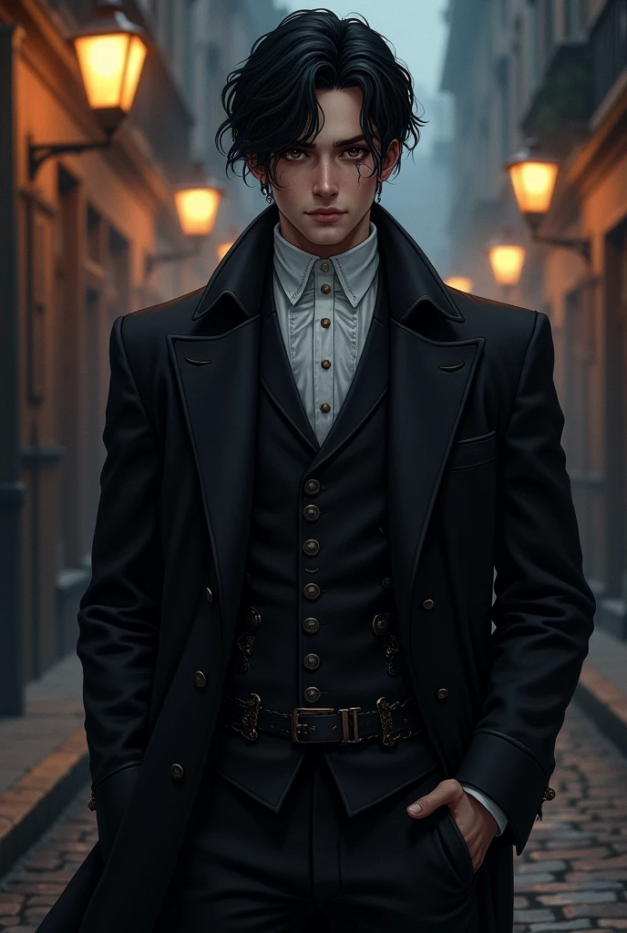 yiffymix illustration, black haired man with dark brown eyes, handsome, serious and confident expression, scar on right cheek, dressed like in Victorian times, with black suit