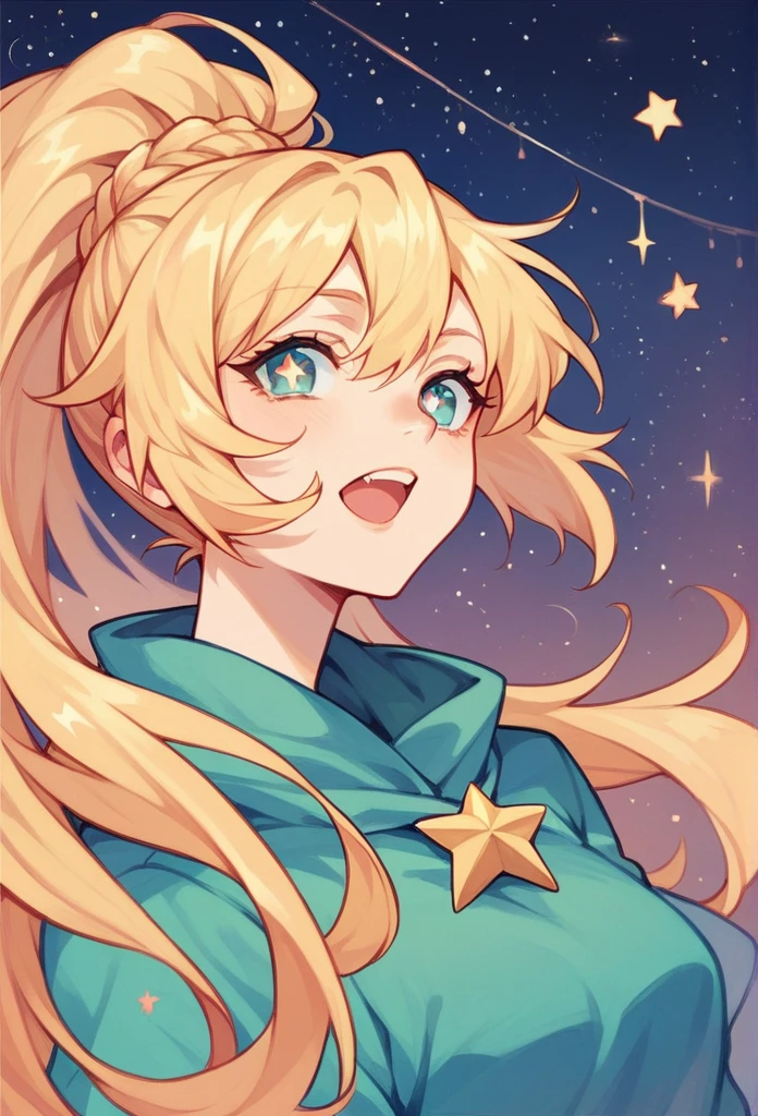 A blonde-haired woman with stars for pupils, sexly