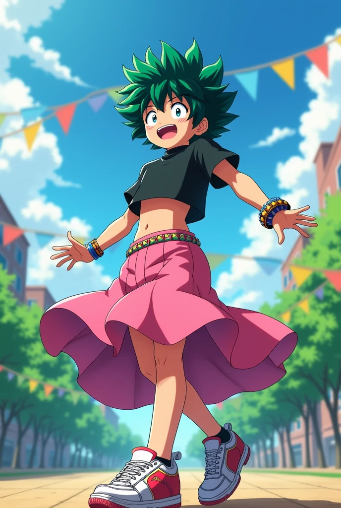 Deku from My Hero Academia wearing a pink skirt and a black crop top
