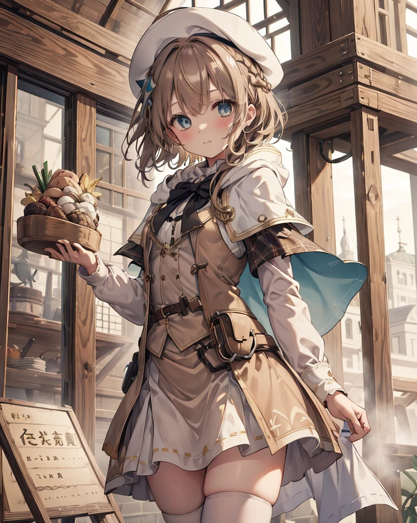 masterpiece, One girl, Sparrow, Brown haired, Wearing white medieval maiden clothes, Curly shorthair, Messy Hair, The body is slim, Wearing a golden capelet and hood, He closed her left eye., Shirt decoration, Aqua Eye, Show her your back, Ahoge, Black vest, Baby Face, Small breasts, Beautiful breasts, Round Breasts, Braid, White Beret, Long sleeve, Beautiful Eyes, White Stockings, Bright Eyes, skirt, brown skirt, plaid skirt, Her age is , Bright expression, she , sheパンを食べる, sheパン屋に座っている