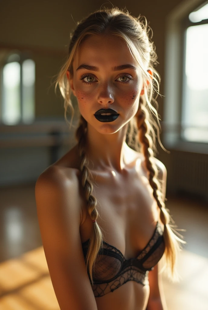 A girl 18-year-old long blonde braided pigtails very thin does naked ballet, without clothes,flat chested,small breasts,makeup smeared,makeup run,perfect lips, schwarzerLippenstift, braces, freckles,big eyes,blue eyes,sweating, sweats heavily,wet,muito detalhado, best quality, extremely detailed face, perfect lightning, Ballet Studio Background, sexly, erotic, unique, 4K, masterpiece ,tétons