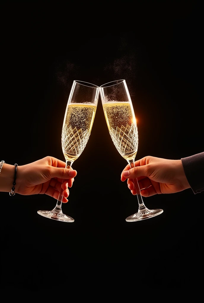 Create an image, that it has a black background, I want two toasting glasses centered and that it has a glow around