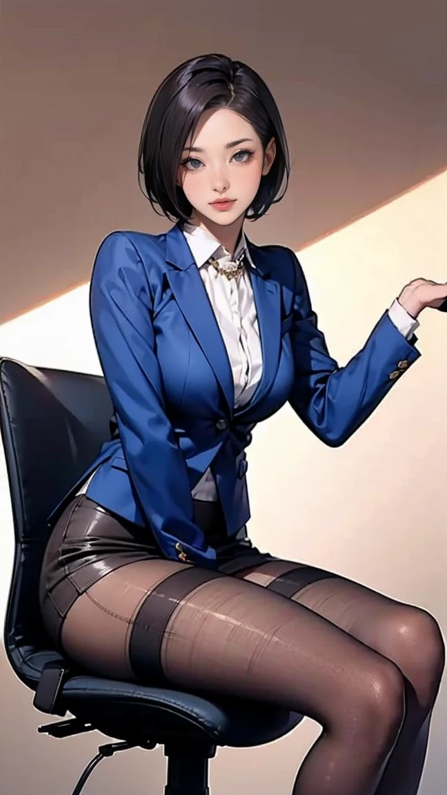 office、Beauty sitting on a chair、short hair、Beautiful legs、High heels、Brown pantyhose、Mini skirt suit