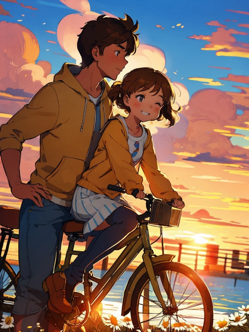 A warm autumn sunset casts a golden glow over a serene lake bridge, where a tender moment unfolds between two childhood sweethearts. A cute -yeld brtte girl with long, flowing brown hair, wearing a yellow long skirt and a yellow top with fluffy sleeves, sits sideways on the back of a bicycle. She giggles shyly, her pink cheeks blushing as she holds onto the back of the boy's hoodie gently. The 16-year-o brte bowith honey-colored eyes, a strong jawline, and a very light 5'o clock shadow, sits at the front of the bike on the saddle, his hands on the handlebars. He glances back at her with a look of pure love. The girl, with her bunny-like teeth peeking out in a wide smile, has her eyes closed, completely lost in the moment. The breeze playfully lifts her hair behind her, adding to the lighthearted mood. The bridge they ride on is peaceful and undisturbed, with delicate daisies lining the edges of the image, further enhancing the innocent and pure ambiance of young love. The entire scene feels like a magic. Autumn sunset, Lake bridge, Childhood sweetheaBicycle ride, 12-year-old brunette gi, 1ar-olrunette boy, Yellowongrt, Yow top with fluffy sleeves, Bluish grey jeans, Yellow hoodie, Honey-colored eyes, Strong jawline, 5'o clock shadow, Blushing, Bunny-like teeth, Wind in hair, Serene atmosphere, Daisies, Innocent young love, perfect features, 5 fingers, perfect eyes, perfect hands, perfect limbs, Sunshine girl, Protective boy. Floating city on clouds, Floating city in the sky, inspired by Winsor McCay