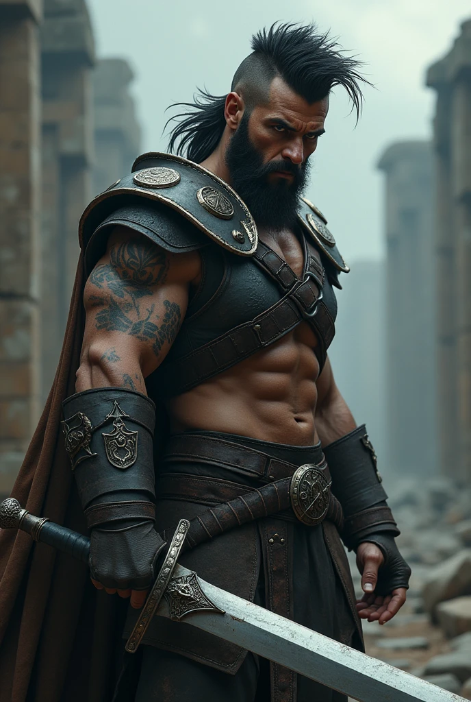 A warrior. He has intense black eyes and black hair cut in a very short mullet style.. He wears Leather Armor that is not covered on his left arm.,In your right hand, He holds a long sword. Your left arm is covered in cut scars.