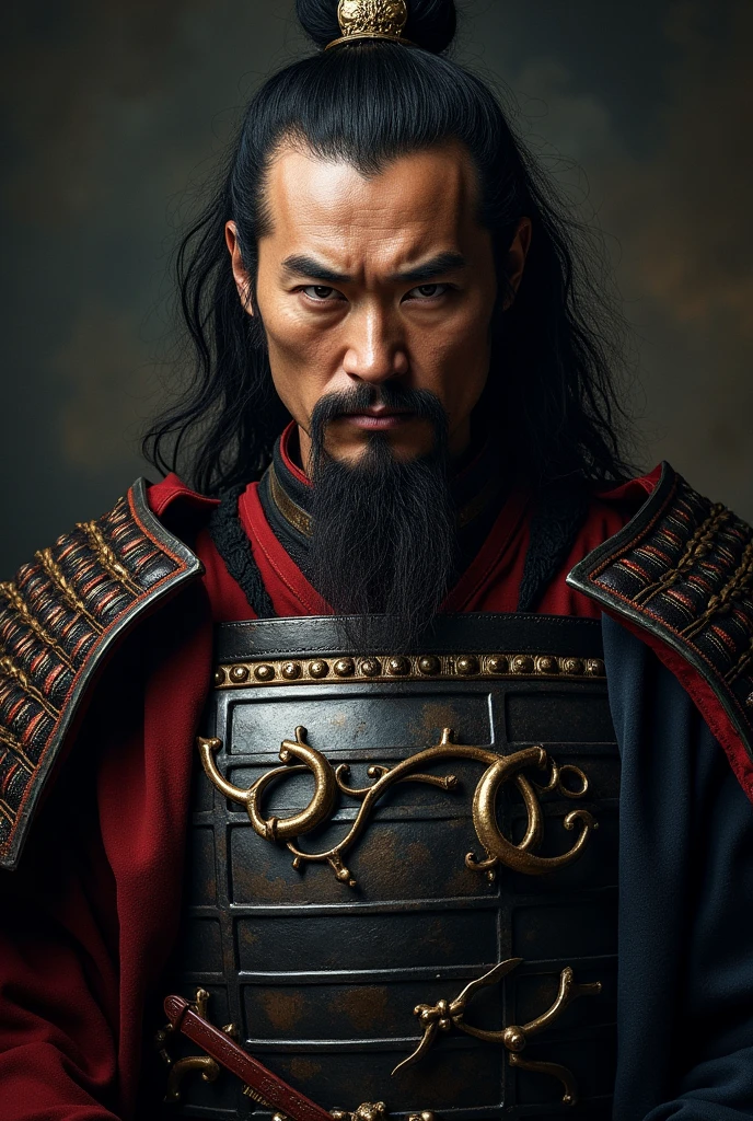 Design a powerful portrait of Oda Nobunaga, the fierce Japanese warlord. He should be depicted in full samurai armor, with a stern and determined expression, young handsome looking directly at the viewer. The background should be minimal, possibly a dark gradient or subtle texture, to keep the focus on Nobunaga. The lighting should be dramatic, with strong contrasts to highlight his intense features.