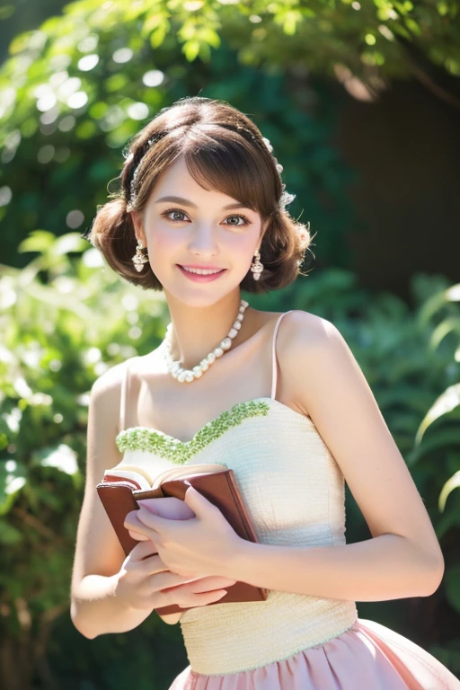 1girl, full body, beautiful detailed eyes, beautiful detailed lips, extremely detailed face and features, long eyelashes, elegant dress, standing in a lush garden, (best quality,4k,8k,highres,masterpiece:1.2),ultra-detailed,(realistic,photorealistic,photo-realistic:1.37),detailed background, natural lighting, vibrant colors, serene, cinematic composition, pearl hairclip, green eyes, pink luscious lips, sleeveless brown top, holding books, short black skirt, smiling, black chunky heels, short brown hair, hoop earrings