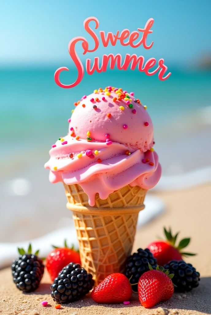 Create a pink, circular scoop of ice cream with strawberry sauce and colorful sprinkles on top. Place a cone beneath the ice cream.. Beach atmosphere with blackberry and strawberry fruits around the pointed cone and the name sweet summer 