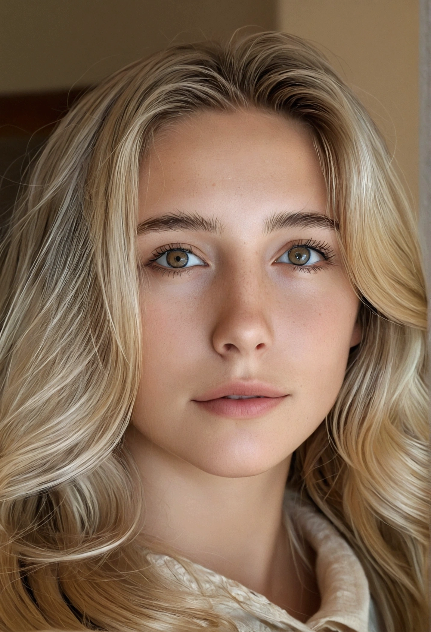 retrato em close, Bela , long hair, hair blonde, hazel eyes, white skin color, Age 22, 8K Photo Quality, as realistic as possible, in a living room