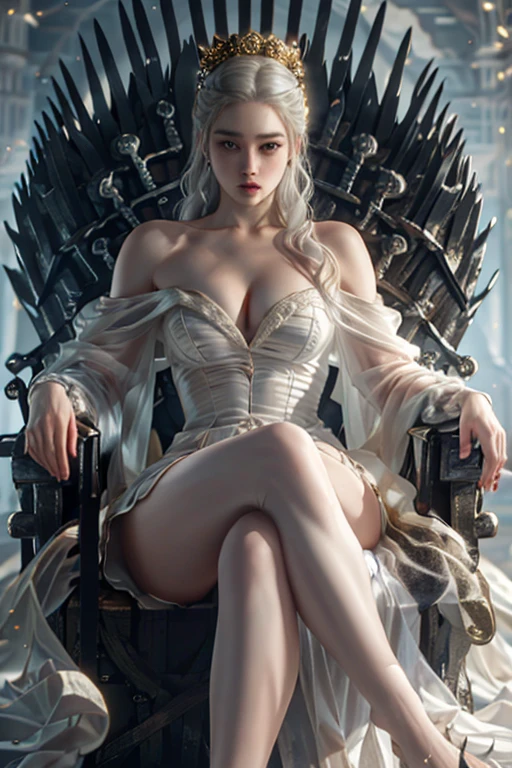 dld_emclarke, sexy Daenerys Targaryen, bigger size and ass in dress, sitting on the iron throne which is made out pf swords, sword throne, throne chair is made out of swords, swords sticking out of the iron chair, crossing her legs, fantasy throne room, sexy outfit, platinum hair, temptress, showing legs, cleavage, photo realistic image of the worlds most beautiful princess, long beautiful legs, crossing her legs, amazingly perfect body, showing lots of tantalizing skin, super model status, wearing flowing soft silk white dress, off shoulder dress, see-through dress, perfect cleavage, exquisite, intricate in detail beautiful dark eyes, adorned with gold jewelries, cinematic shot, encompassing, fierce ,savage , and sultry, award winning image 8k 3d octane render, best possible lighting and professional photography, xuer Iron Throne,