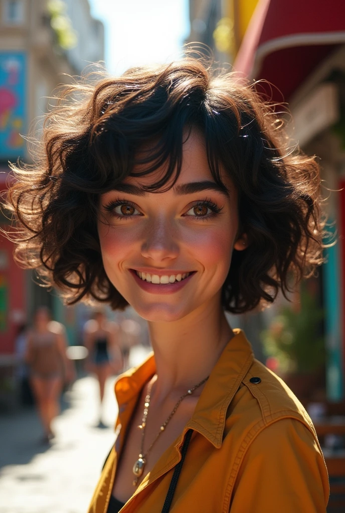 with an eyebrow piercing, short shoulder-length hair, very curly, fair skin and brown eyes