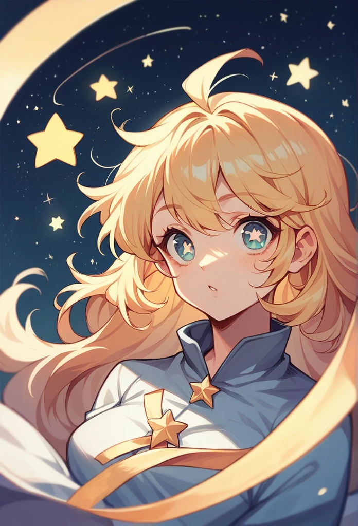 A blonde-haired woman with stars for pupils, sexly