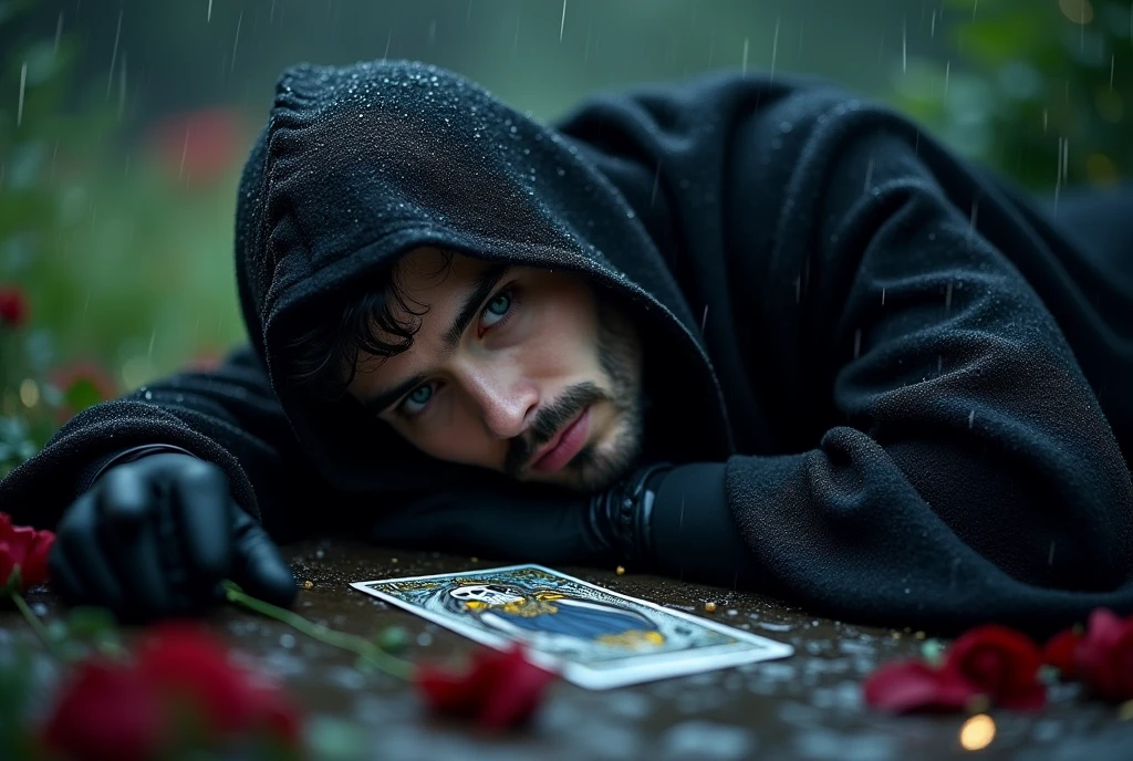 a young handsome european man black hair short beard blue eyes wearing a black noble cloth with hood cover his head with black gloves sleeping in the black roses garden with death tarot card on the floor at night with raining